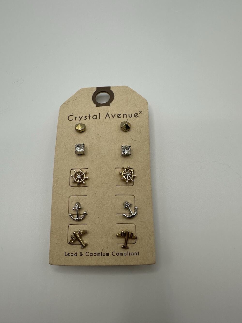 NWT Crystal Avenue 5 Pairs Silver And Gold Tone Nautical Airplane Stud Earrings